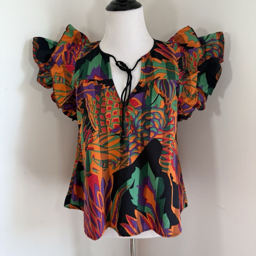 House of Harlow 1960 Top Blouse XS Orange Green Ruffle Flutter Sleeve Tropical